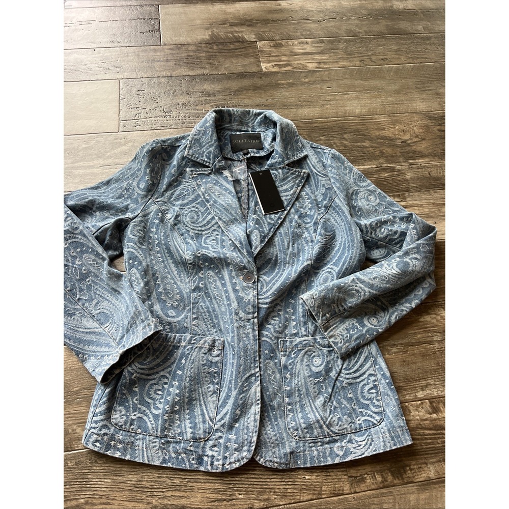 Solitaire Denim Jacket Womens Medium Embossed Paisley Boho Western Blazer Artsy